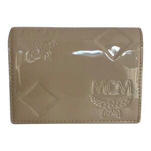 MCM Mini Patent Leather Wallet Beige Embossed Logo Coin Purse Card Holder Dusty